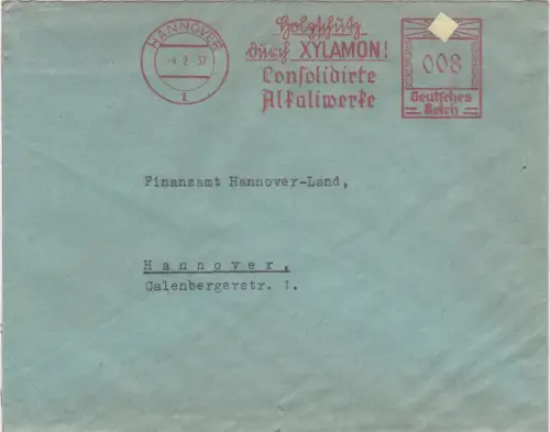 DR 1937, 8 Pf. AFSt. Holzschutz durch Xylamon auf Brief v. Hannover