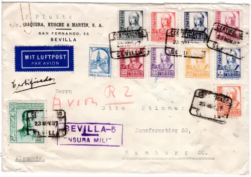 Spanien 1937, 11 Marken auf Bank Einschreiben Zensur Brief v. Sevilla n. Hamburg