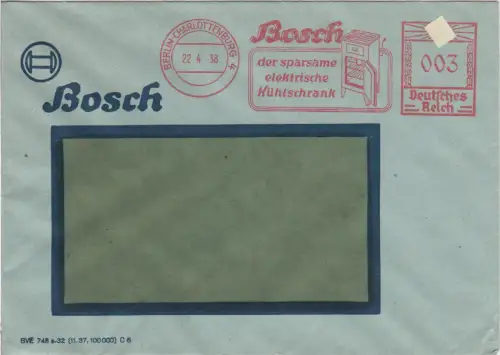 DR 1938, 3 Pf. AFSt. Bosch Kühlschrank auf Brief n. Berlin Charlottenburg