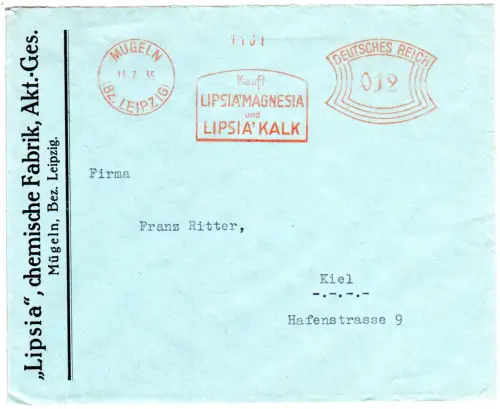 DR 1935, 12 Pf. AFSt. Lipsia Kalk Magnesia auf Brief v. Mügeln (Bz. Leipzig)