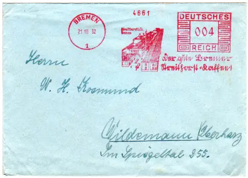 DR 1932, 4 Pf. AFSt. Der gute Bremer Streithorst Kaffee auf Brief v. Bremen
