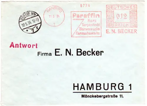 DR 1934, 12 Pf. AFSt. Paraffin Harz... Bienenwachs...auf Brief v. Hamburg