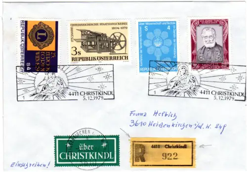 Österreich 1979, Christkindl, Reko-Brief m. 4 Marken u. R-Zettel Fehldruck