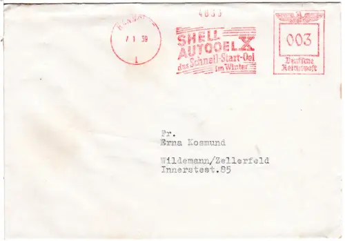 DR 1939, 3 Pf. AFSt. Shell Autoöl X auf Brief v. Hannover