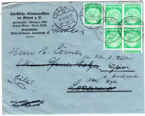 DR 1935, MeF 5x5 Pf. auf Blindenmission Brief v. Berlin-Lankwitz i.d. Schweiz