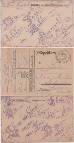 FP WK I, 3 künstlerisch gestaltete Feldpost-Karten v. 1917 n. Liebersbronn