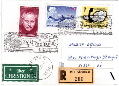 Österreich 1973, Christkindl, Einschreiben Karte m. 3 Marken u. grünem Etikett.