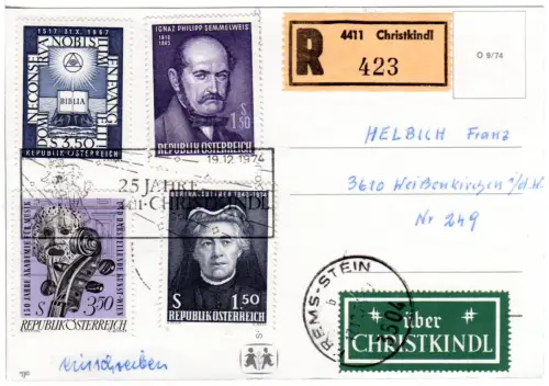 Österreich 1974, Christkindl, Einschreiben Karte m. 4 Marken u. Etikett 