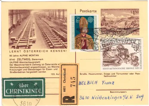 Österreich 1975, Christkindl, Einschreiben Karte m. Zusatz u. grünem Etikett. 