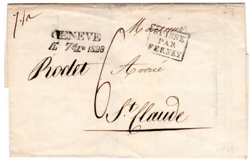 Schweiz 1828, L2 Geneve u. R3 Suisse Par Ferney je klar auf Brief n. Frankreich
