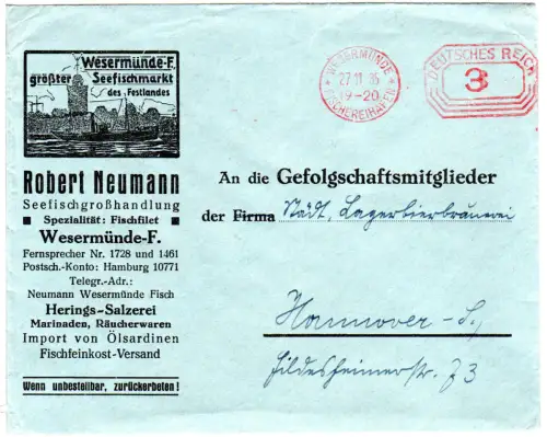 DR 1935, 3 Pf. FSt. Wesermünde Fischereihafen auf illustriertem Briefumschlag