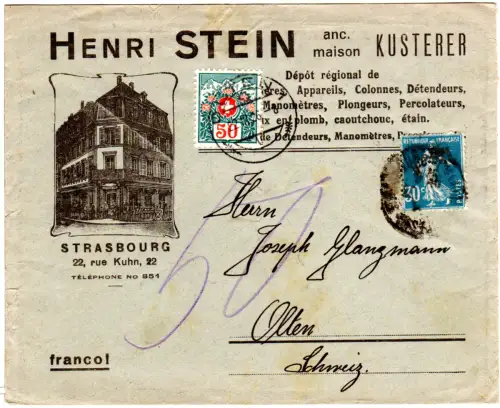 Frankreich 1926, 30 C. auf Firmen Brief v Strasbourg m. Schweiz 50 C. Portomarke