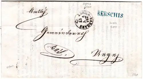 Schweiz 1867, L1 Berschis u. Bahnpost-K1 Zürich-Sargans auf Brief n. Ragaz