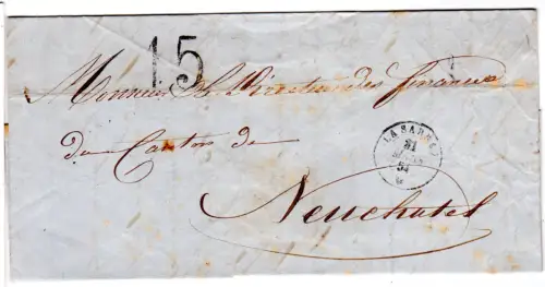 Schweiz 1854, K2 La Sarraz auf Brief v. Chevilly n. Neuchatel m. Portostpl.15  