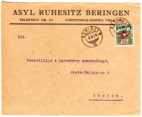 Schweiz 1925, 20 C. Portofreiheit (747) auf Brief v. Beringen