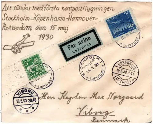 Schweden 1930, 5+10 öre auf Nachtflug Erstflug Brief v. Stockholm n. Dänemark