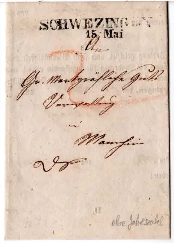 Baden 1843, L2 Schwezingen (ohne JZ!) klar auf Brief n. Mannheim
