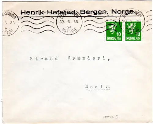 Norwegen, Nattog I, Bergensbanen Nachtzug Bahnpost Brief v. Bergen m. 2x10 öre.