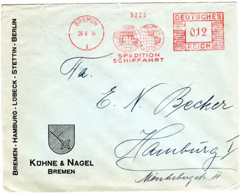 DR 1934, 12 Pf. AFSt. Kühne & Nagel Spedition Schiffahrt auf Brief v. Bremen
