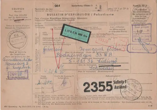 DDR 1971, Taxe Percu u. Gebühr bezahlt auf Paketkarte v. Sonneberg n. Schweden