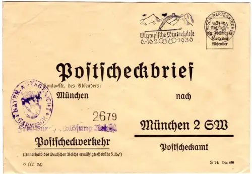DR 1936, Olympiade Werbestempel auf Postscheck Brief v. Garmisch-Partenkirchen