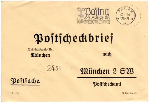 DR 1936, Pasing Werbestempel klar auf Postscheck Brief n. München