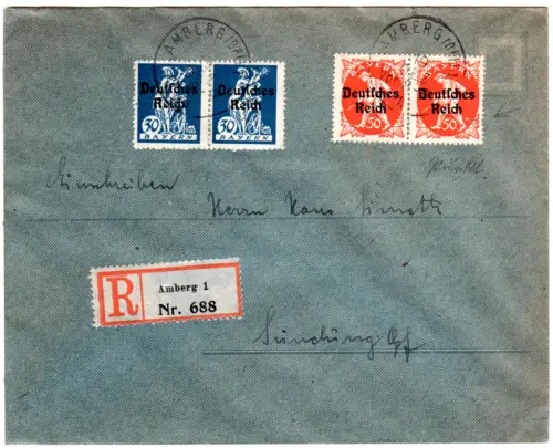 DR 1921, je Paar 30+50 Pf. (1x mit Druckfehler) auf Einschreiben Brief v. Amberg