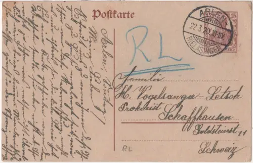 DR 1920, RL! Portorichtige 15 Pf. Ganzsache v. Arlen-Rielasingen i.d. Schweiz