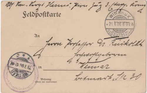 DSWA 1906, FP-Karte v. Windhuk a m. Briefstempel u. Absendervermerk Ausa-Gebirge