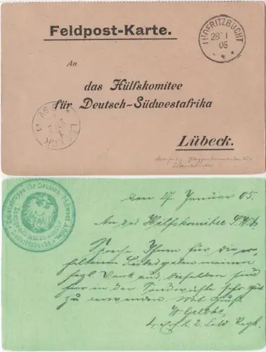 DSWA 1905, Vordruck FP-Karte v. Lüderitzbucht an d. Hilfskomitte Lübeck