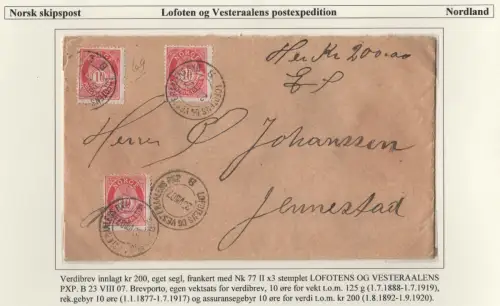 Norwegen 1907 3x10 öre auf Brief m. Schiffspost-K2 Lofoten Og Vesteraalens PXP B