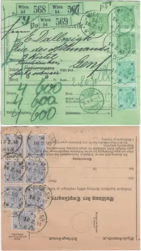 Österreich 1895, 6er Block 10 Kr u. andere Marken auf Paketkarte v. Wien i.d. CH