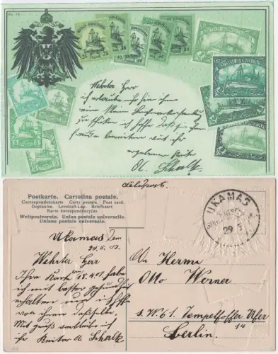 DSWA 1907, K1 Ukamas auf Briefmarken Prägekarte per Feldpost n. Berlin