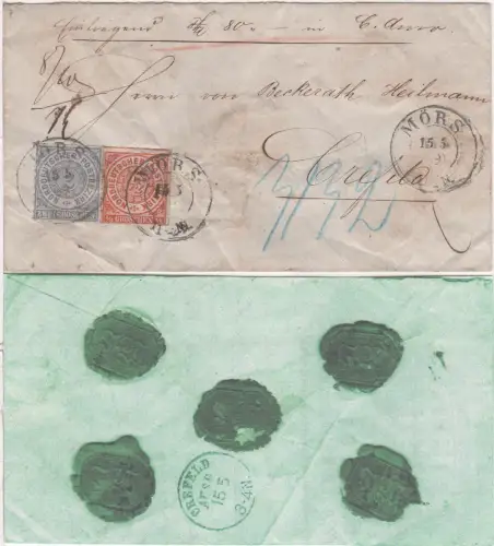 NDP 1869, 1/2+2 Gr. auf gesiegeltem Wert Brief v. Moers n. Crefeld