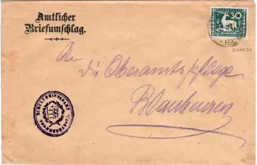 Würtemberg 1920, 30 Pf. Dienst auf Brief v. Schultheissenamt Thammenhausen
