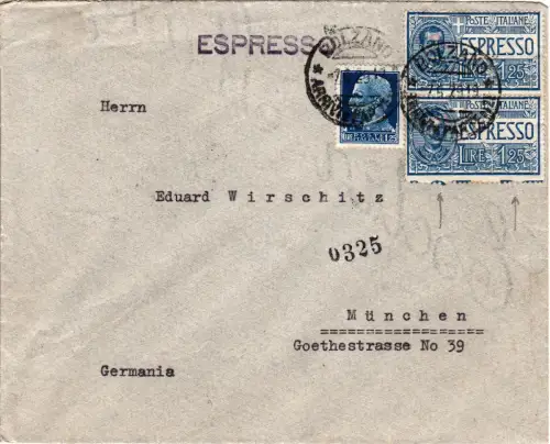 Italien 1920, 1,25 L. + Paar 1,25 L. Espresso auf Eilbrief v. Bolzano n. Bayern