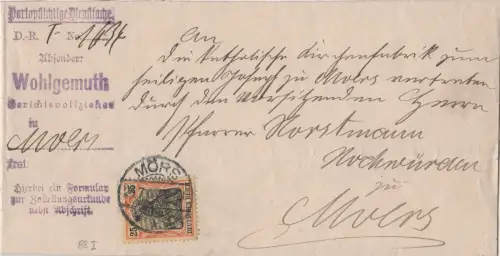 DR 1908, EF 25 Pf (88 I) auf Zustellungsurkunde Orts-Brief v. Mörs