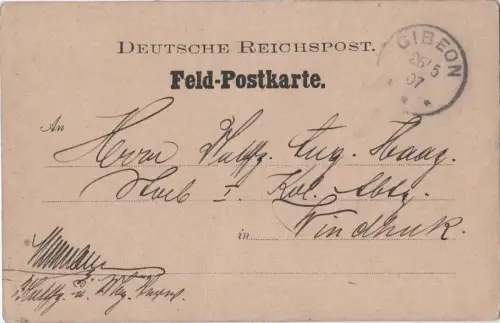 DSWA 1907, Inlands-Feldpost-Karte v. Gibeon n. Windhuk