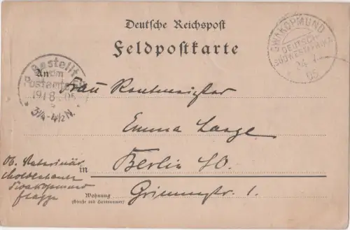 DSWA 1906, Feldpost-Karte v. Swakopmund n. Berlin