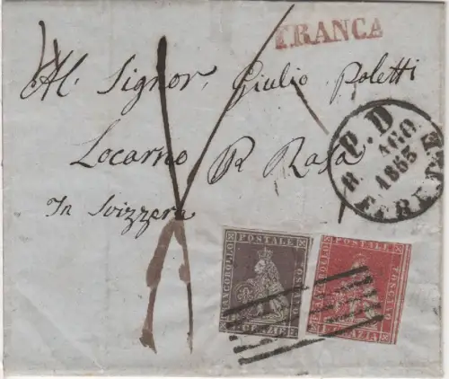 Italien Toscana 1855, 1+9 Cr. auf Brief v. Firenze i.d. Schweiz m. rotem FRANCA