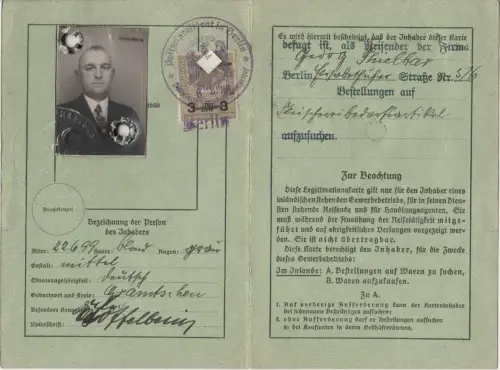 DR 1936, 3 RM Fiskalmarke auf Ausweis v. Polizeipräsident Berlin Kreuzberg