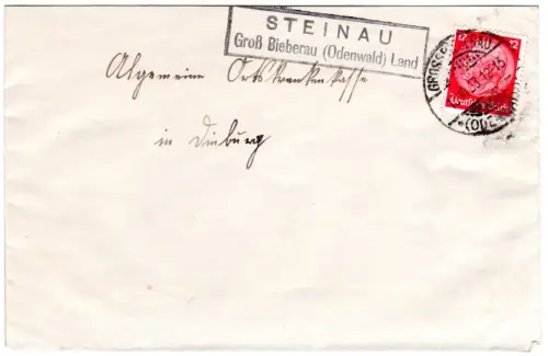 DR 1933, Landpost Stpl. STEINAU Groß Bieberau Land auf Brief m. 12 Pf. 