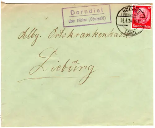 DR 1934, Landpost Stpl. DORNDIEL über Höchst (Odenwald) auf Brief m. 12 Pf.