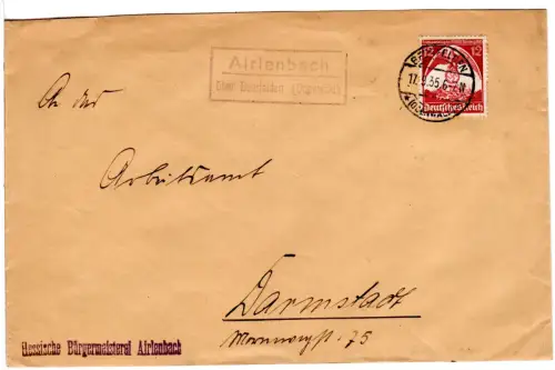 DR 1935, Landpost Stpl. AIRLENBACH über Beerfelden (Odenwald) auf Brief m. 12 Pf