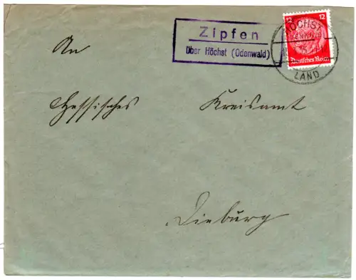 DR 1935, Landpost Stpl. ZIPFEN über Höchst (Odenwald) auf Brief m. 12 Pf. 