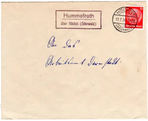 DR 1936, Landpost Stpl. HUMMETROTH über Höchst (Odenwald) auf Brief m. 12 Pf. 