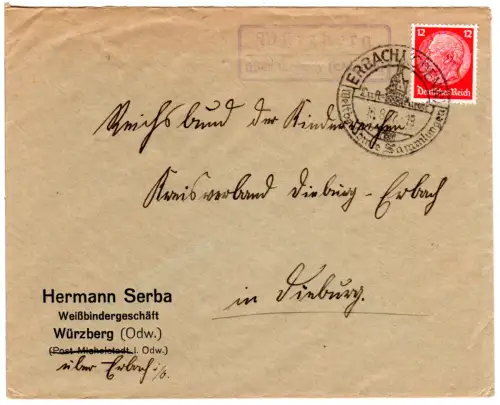 DR 1936, Landpoststpl. WÜRZBERG über Erbach (Odenwald) auf Brief m. 12 Pf.