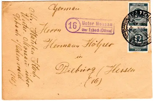 1946, Landpoststpl. 16 UNTER MOSSAU über Erbach (Odenw) auf Brief m. 2x12 Pf.