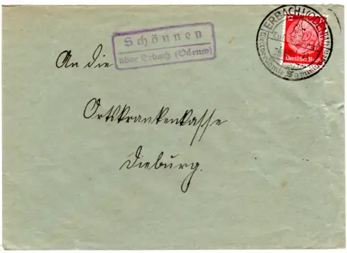 DR 1937, Landpoststpl. SCHÖNNEN über Erbach (Odenwald) auf Brief m. 12 Pf.