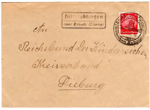 DR 1936, Landpoststpl. HILTERSKLINGEN über Erbach (Odenwald) auf Brief m. 12 Pf.